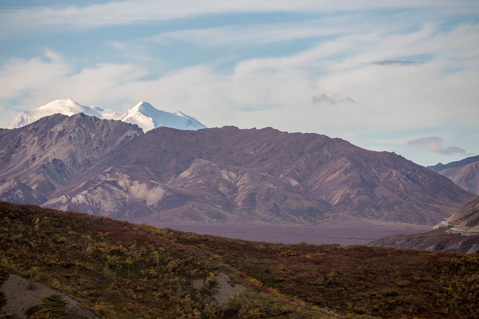 Sista glimten av Mount Denali när vi nu åker ut ur parken.