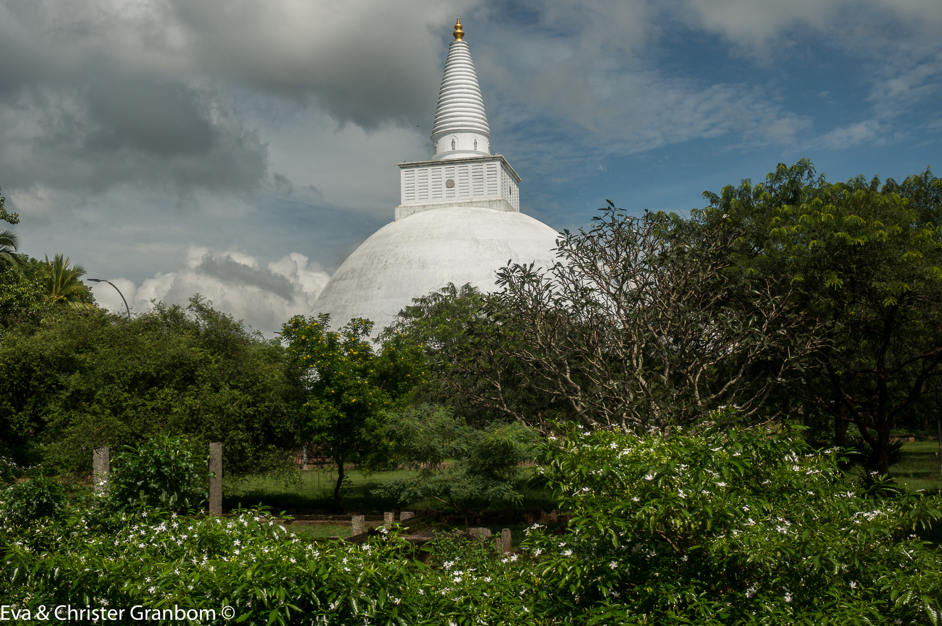 Stupa. Centralt i en stupa är den kupolliknande byggnaden som rymmer ett relikskrin. Ovanpå relikerna står den så kallade stjälken som går genom halvsfärens topp och slutar i en spira som består av ett antal ringar och så kallade parasoller.